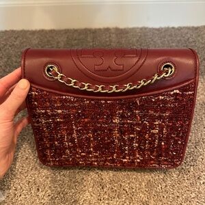 TORY BURCH MARION TWEED FLEMING CHAIN BAG AGATE